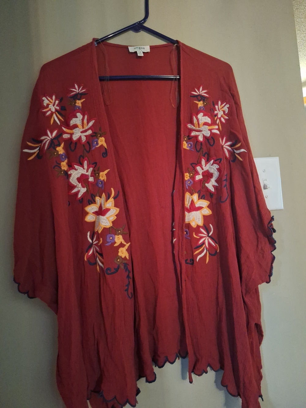 Umgee Embroidered Rust Open-Front Kimono Jacket Shawl M
